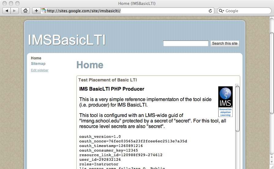 IMS Basic LTI Inside of Google Sites
